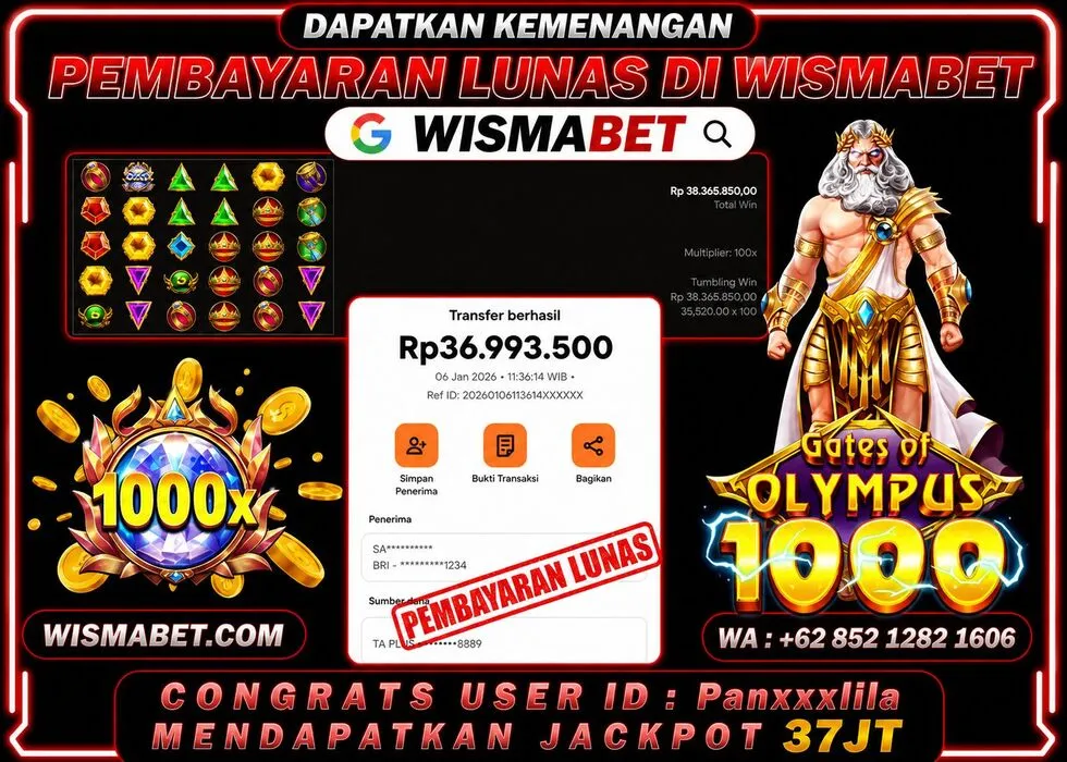 Wismabet - BUKTI KEMENANGAN MAXWIN Gates of Olympus 1000 Rp37,000,000,- LUNAS